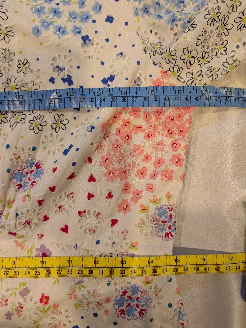 White Floral Midi Dress Eyelet, Blue pink‎ yellow embroidery ruffle 100% cotton